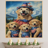 Mother Golden Retriever with Three Puppies in Patriotic Outfits and Hats in a Scenic Mountain Landscape on Ready to Hang 1.5" Thick Canvas Wrap, Floating Framed Canvas, Flat Rolled Canvas